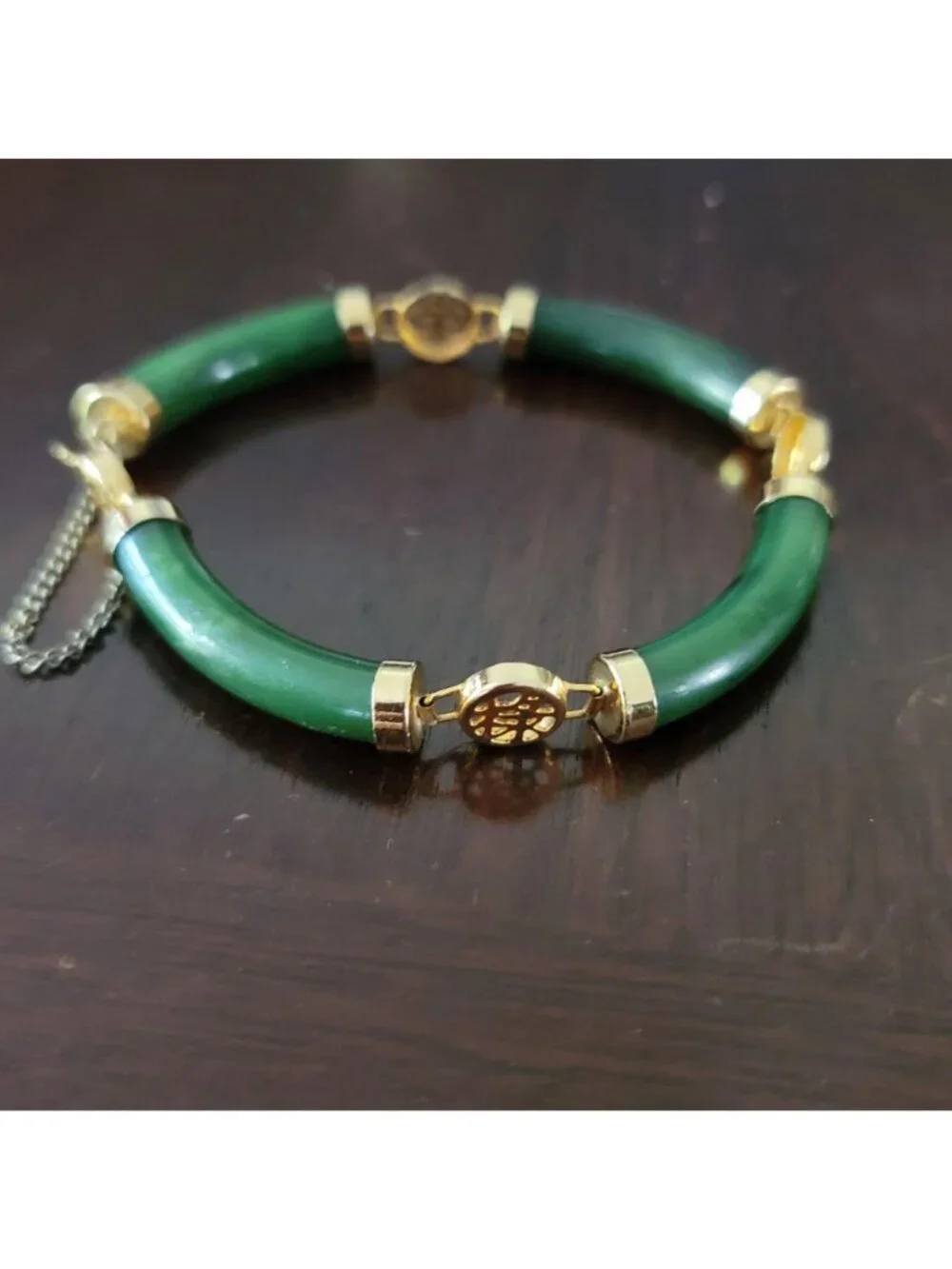 Vintage Chinoiserie Jade and Gold Tone Link Bracelet 8